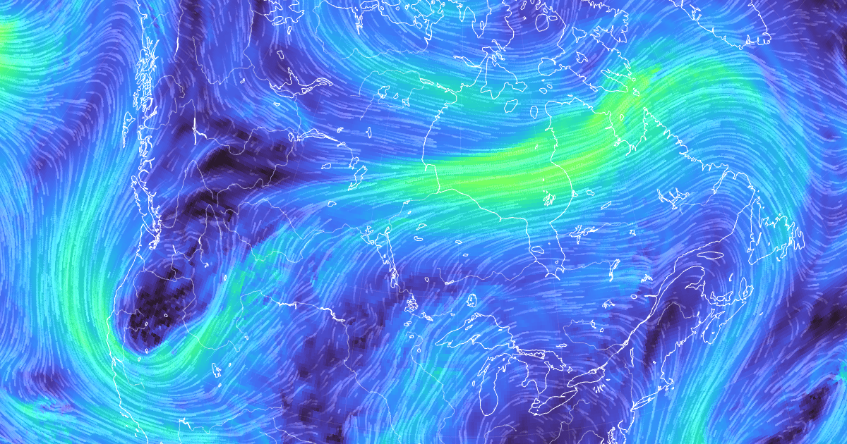 A visualization of swirling winds over the United States and Canada